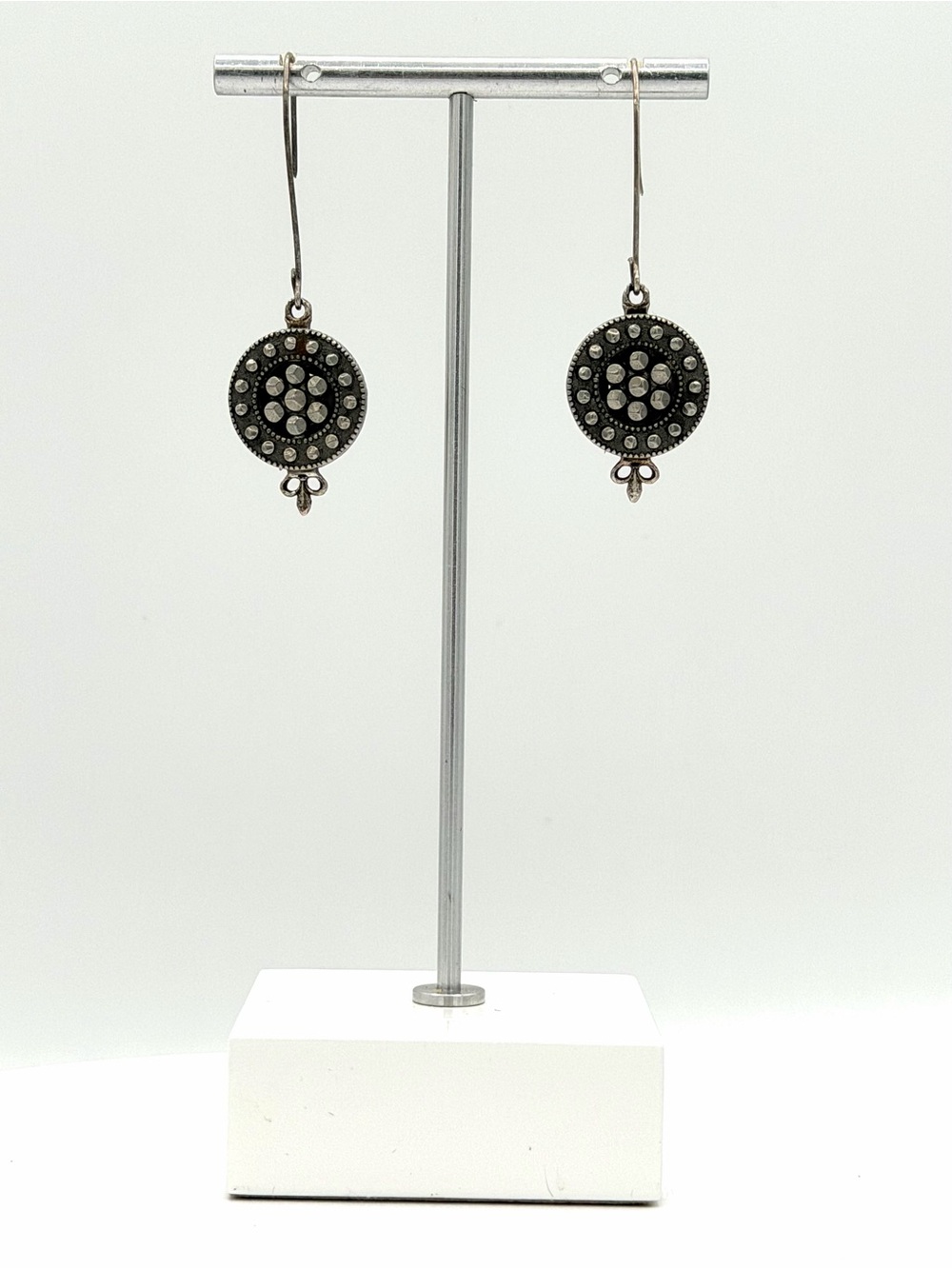 Bohemian Silver Steel Cut Flower Dangling Earrings Industrial Boho Gypsy - Picture 4 of 4